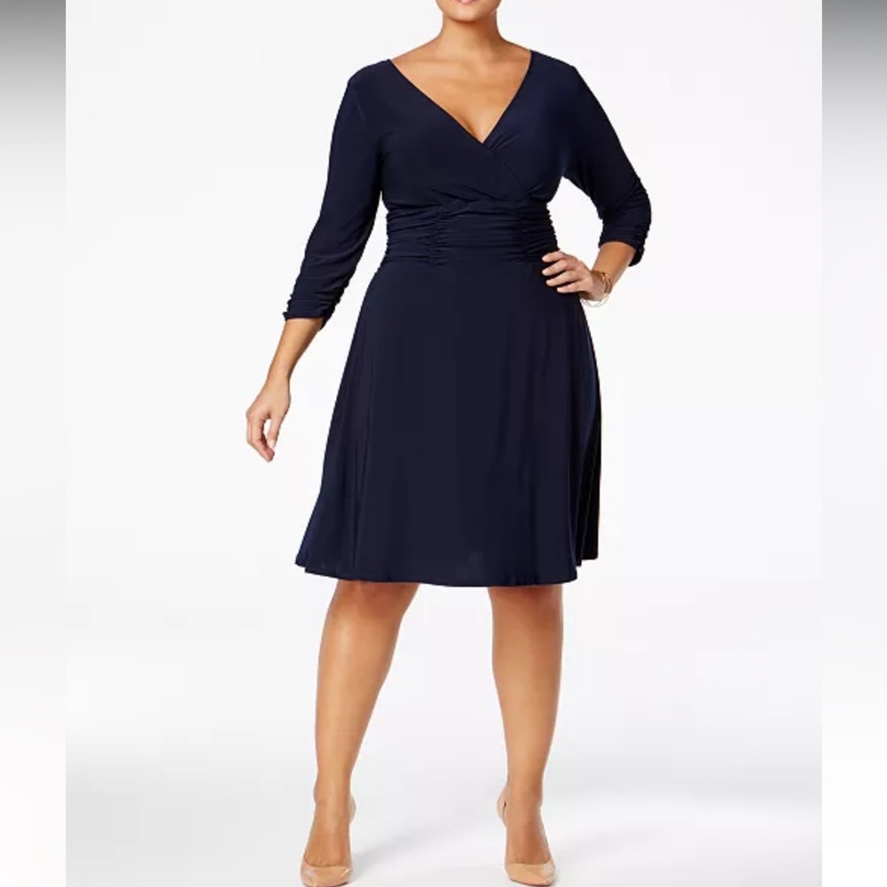 NY Collection Ruched A-Line Jersey Dress Navy Sz 1X NWT Evening Wedding Cocktail